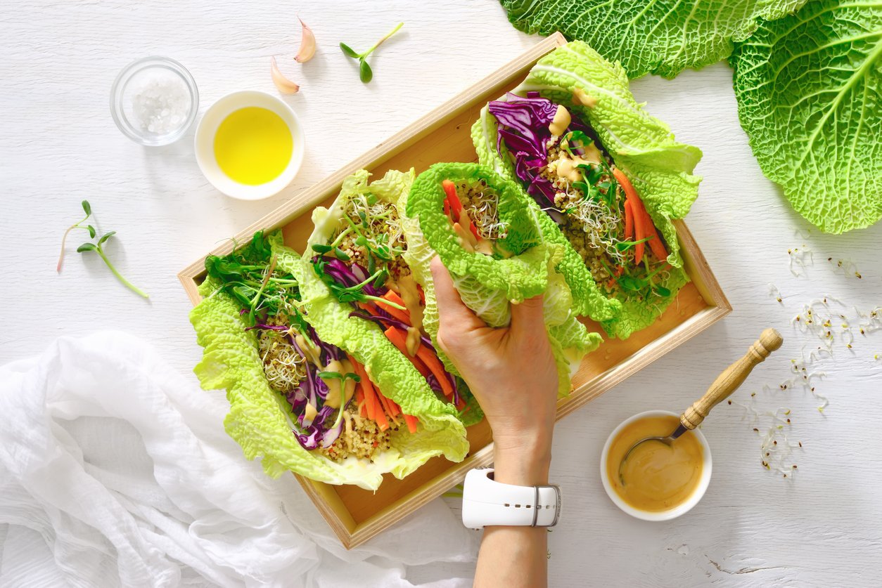 Vegan detox spring rolls with quinoa, sprouts and Thai peanut sauce